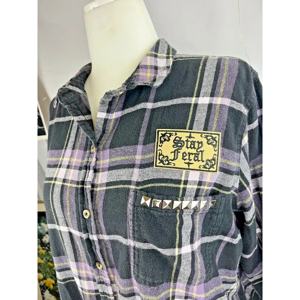 Sonoma Black and Purple Plaid Flannel with Back Graphic Patch - Picture 4 of 9